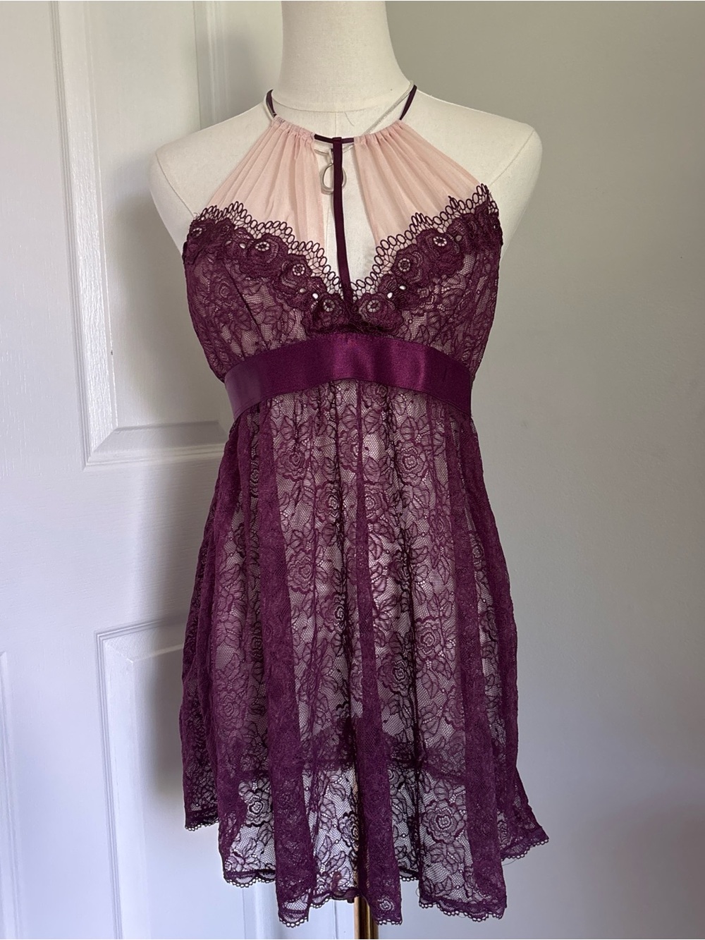 Lace Halter Chemise in Plum and Blush
